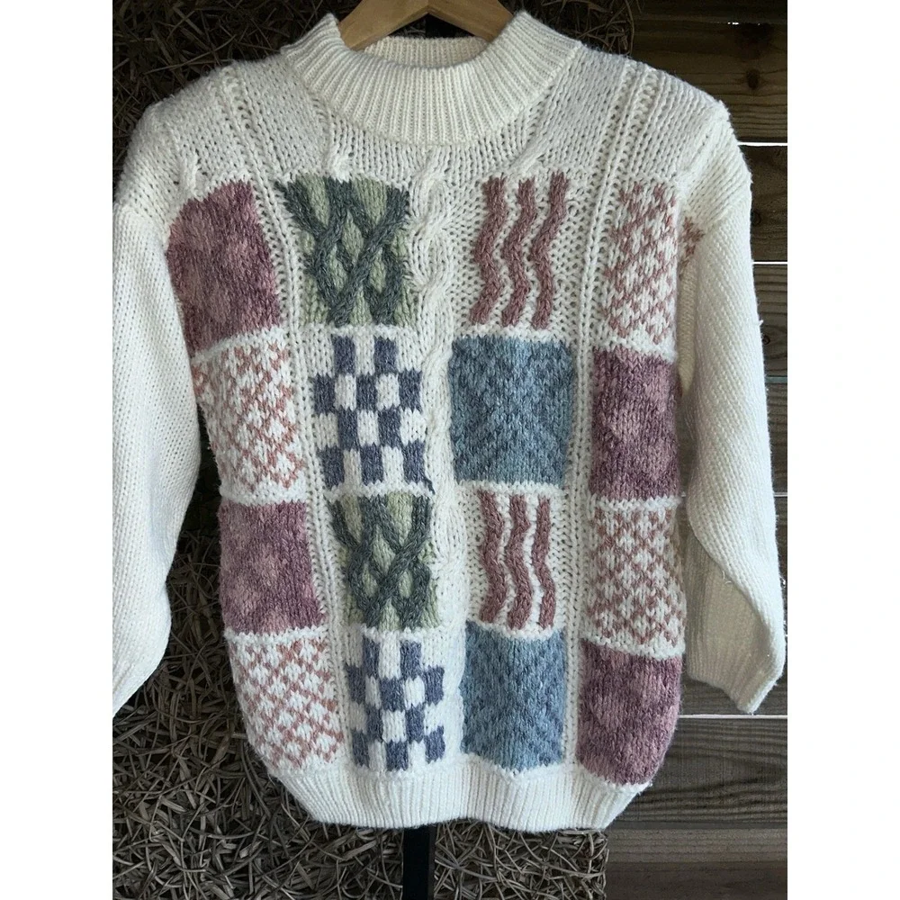 Huntington Ridge Womens Sweater Small White Colorful Patchwork Knitted By Hand - Picture 5 of 5